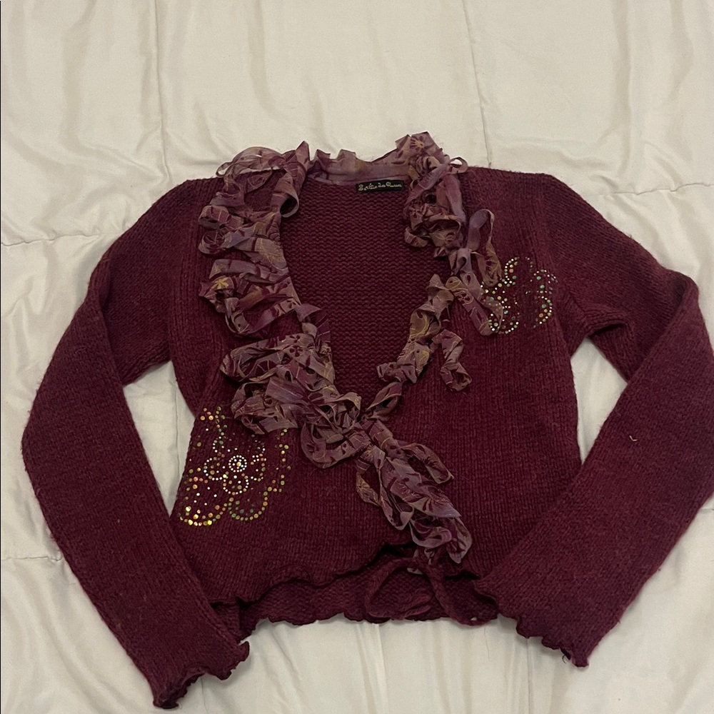 Aubergine Ruffle Wrap Wool Cardigan